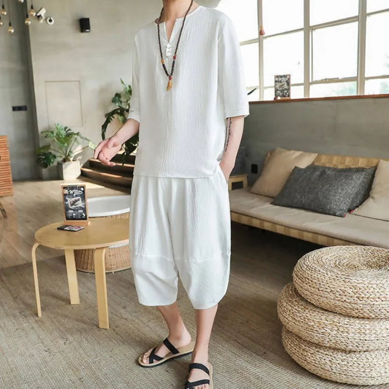 

Summer Mens Cotton Linen Two Piece Set Drop Crotch Harem Pants Tracksuit Men Plus Size 5XL Ropa Deportiva Hombre Clothing Sets