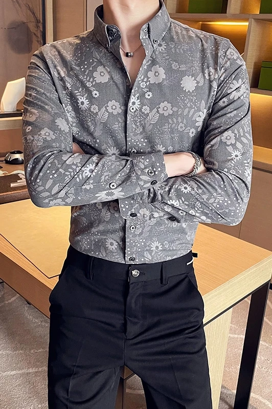 

Spring Long Sleeve Floral Shirts Dress Men Clothing 2021 High Quality Slim Fit Fashion Print Blouse Homme Plus Size Black/Gray