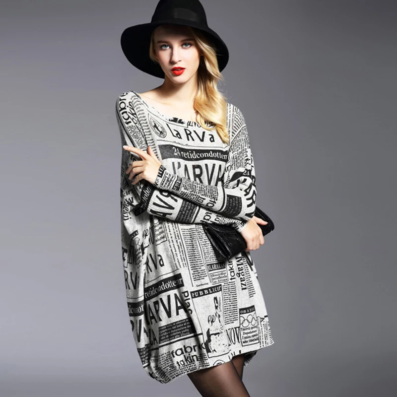 Jielur Winter Fall New Plus Size Letter Printed Sweater for Women Loose Fashion Batwing Sleeve Sweaters Pullovers Long Knitwear | Женская