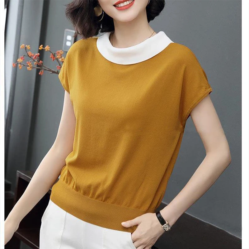 

Women's Spring Summer Style Blouses Shirt Women's Short Sleeve Patchwork Solid Color O-neck Elegant Loose Tops SP030
