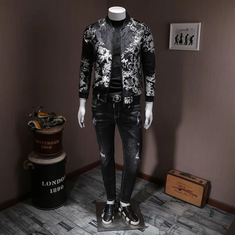 Мужская приталенная куртка-бомбер с цветочной вышивкой размеры до 5XL | одежда