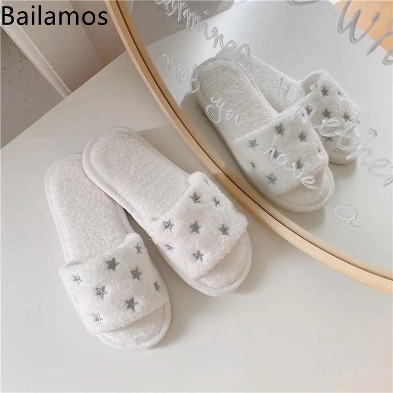 

Bailamos Womens Home Slippers Embroidery Star Soft Fluffy Winter Plush Slippers Warm Fuzzy House Slippers For Women Faux Fur Sl