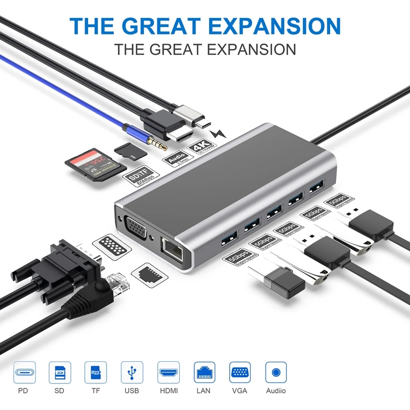 

Type-C Docking Station 13-In-1 Multi-Function Hub 10W Wireless Charging USB3.0 PD HDMI VGA HUB for Pro