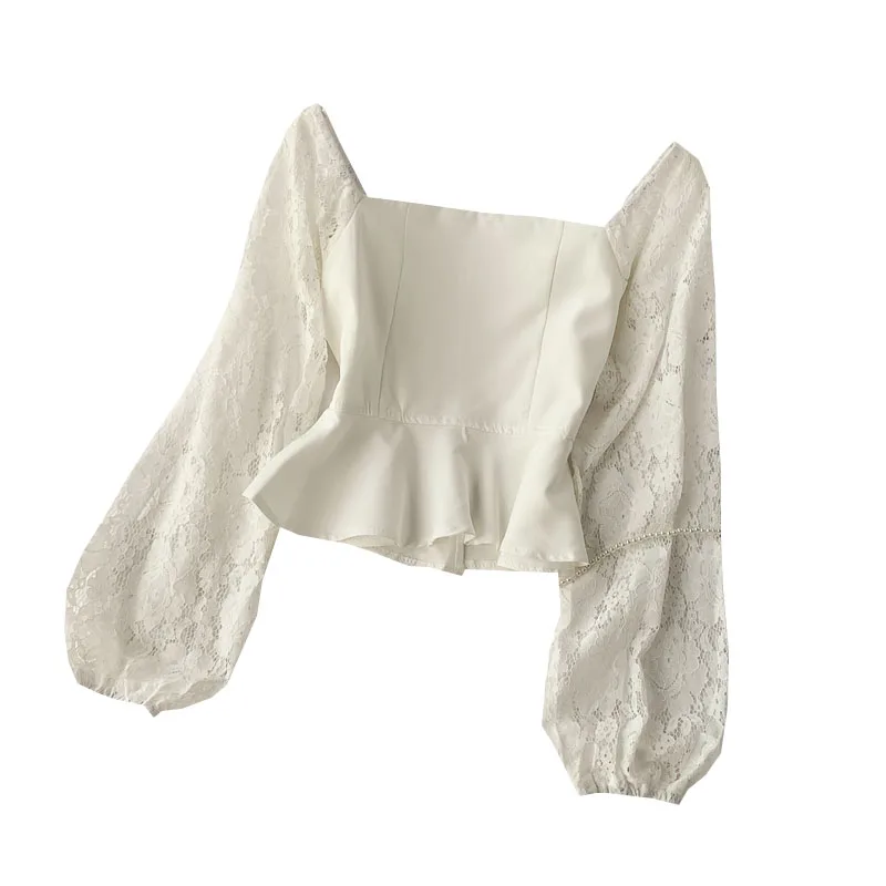 

Women's Spring Autumn Shirts French Style Solid Color Lace Lantern Sleeve Short Top New Slim Long-sleeved Blouse Tops GX646