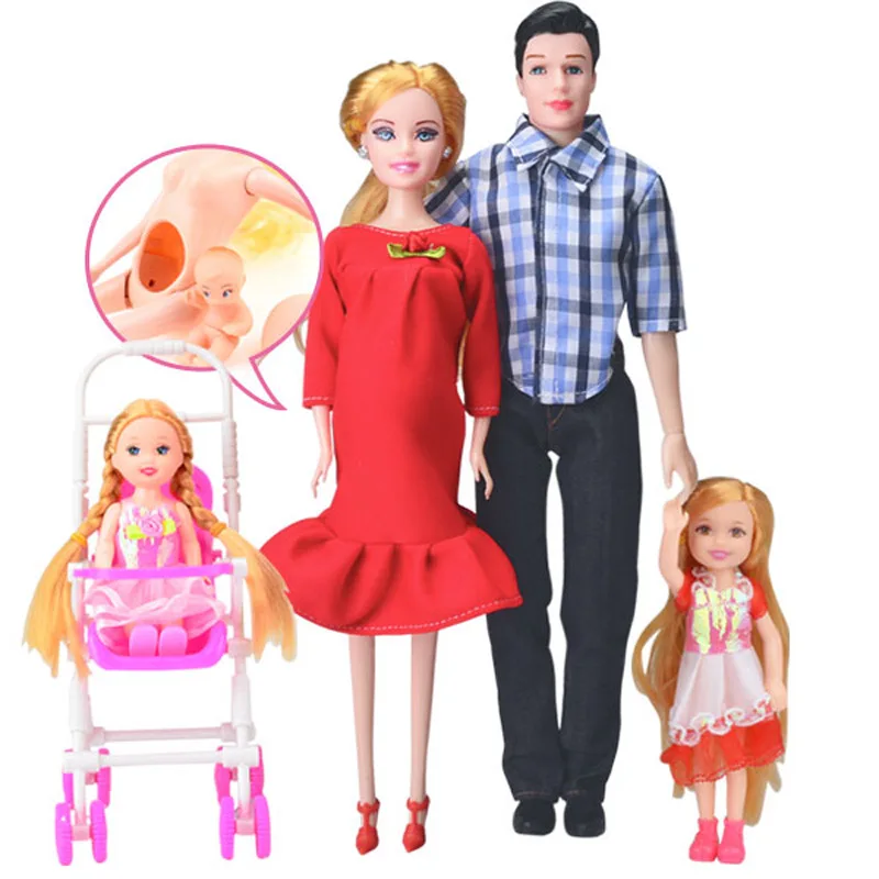 

Family 5 People Dolls Suits 1 Mom /1 Dad /2 Little Kelly Girl /1 Baby Son/1 Baby Carriage Real Pregnant Doll Children's Toys