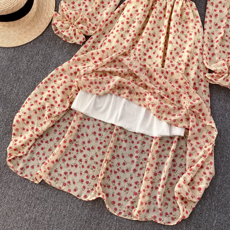 

Autumn Spring Women Printed Chiffon Midi Dress Vintage V-Neck Single Breasted Draped A-Line Vestidos Female Fashion 2021 New