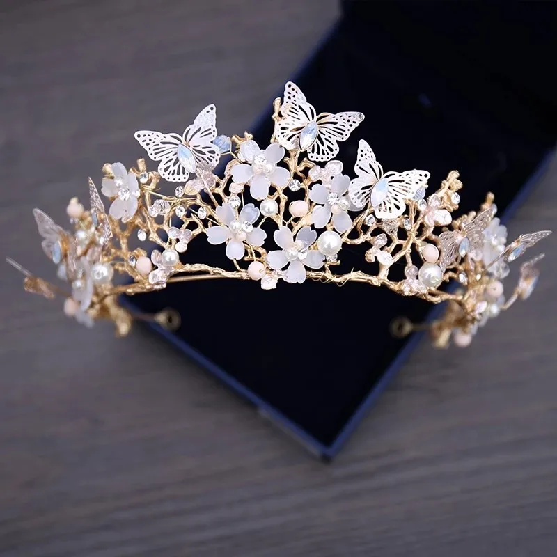 1Pcs Crown Роскошные хрустальные бусы, Жемчужные бабочки, комплект ювелирных изделий, Цветочные Стразы, колье, ожерелье, серьги, тиара, Свадебный комплект ювелирных изделий - Окраска металла: 1Pcs Crown