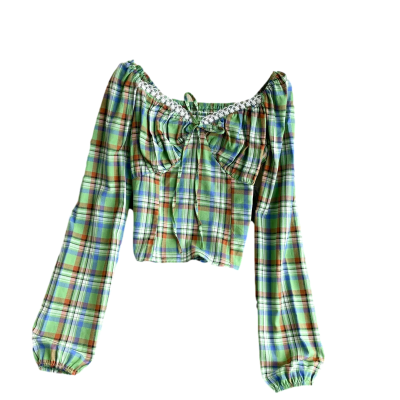 

Spring 2021 New Fashion Temperament Retro Blouse Female V-neck Plaid Blusa Short Wild Shirt GK144