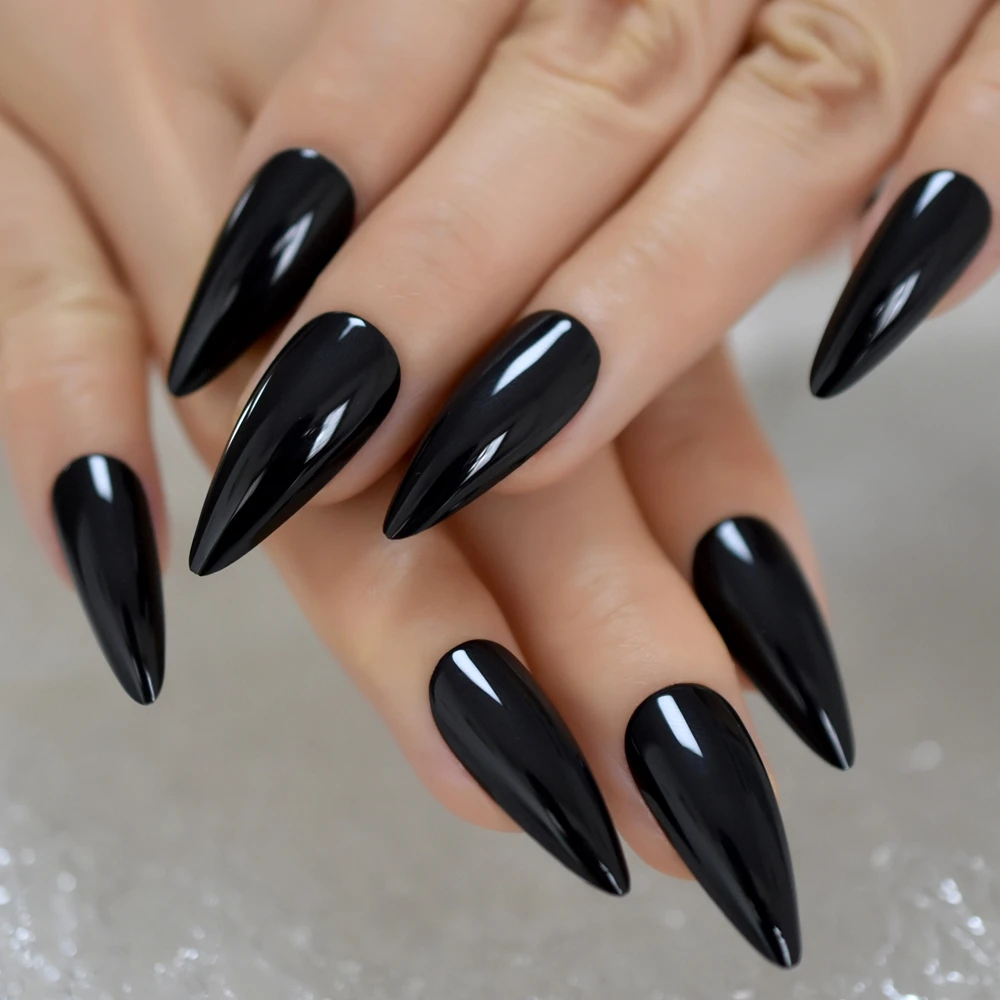 

EchiQ Office Nails Stiletto Sharp Nails Medium-Long Simple Design Black Color Reuseable Fingernails Wholesale Flase Nails