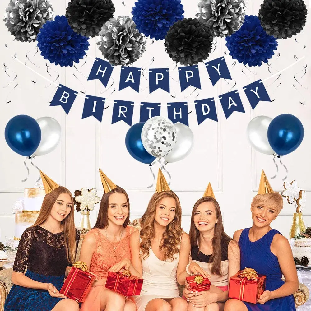 

Fanhaus navy blue birthday decoration people balloon, included. Happy birthday banner blue silver confetti balloon paper pompons