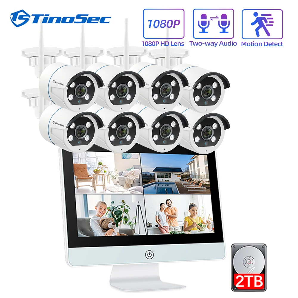 Беспроводная камера TinoSec 8 канальная 1080P NVR 12 дюймов ЖК дисплей все в одном