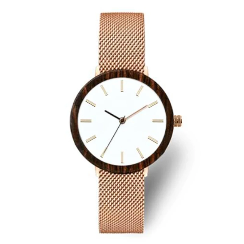 Dropshipping Minimalist Design Custom Made Rose Gold Belt Quartz round Grey Maple Wooden Watch for Women