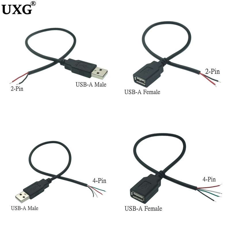 0.3m/1m/2m Power Supply Cable 2 Pin USB 2.0 A Female Male 4 Pin Wire Jack Charger Charging Cord Extension Connector DIY 5V Line