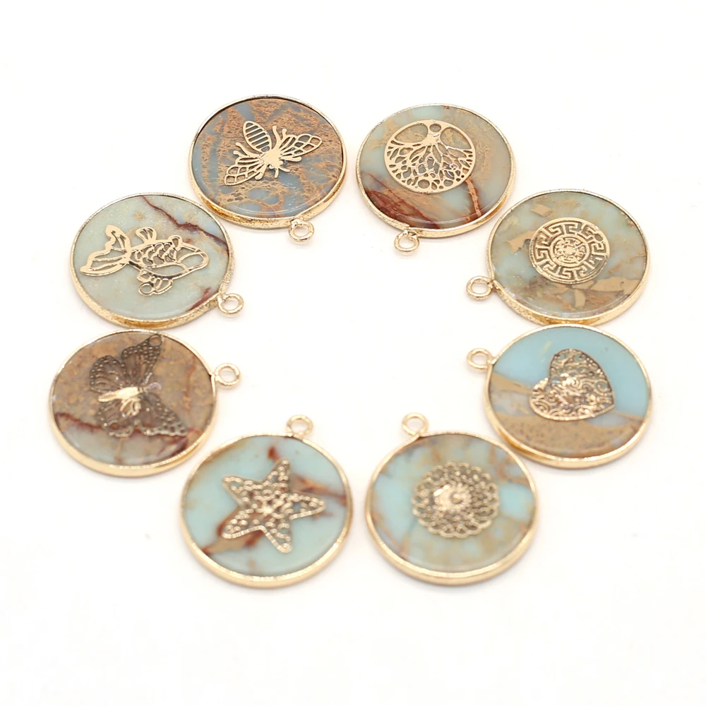 

Retro Round Pendant Natural Stone Ocean Ore Gilt Edge Charm for Jewelry Making DIY Necklace Earring Accessories Gift 26x30mm