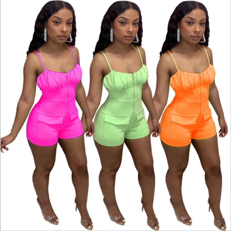 

Zipper Front Wrinkle Pockets Bandage Playsuits Sexy One Piece Rompers Womens Jumpsuit Shorts Backless Bodycon Bodysuit Summer