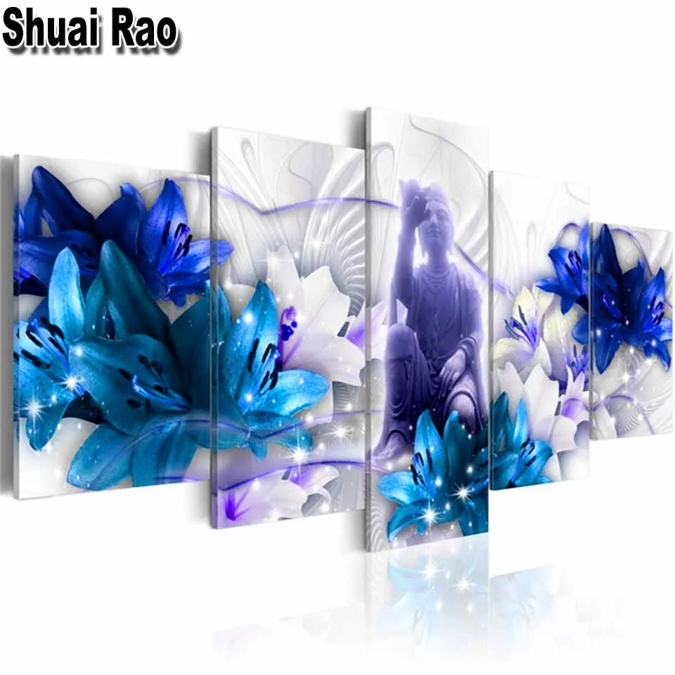 

100% Full Square 5D Diy Diamond Painting Cross-stitch Blue lily Buddha Multi-Panel Round Rhinestone Painting Embroidery 5 Pcs,