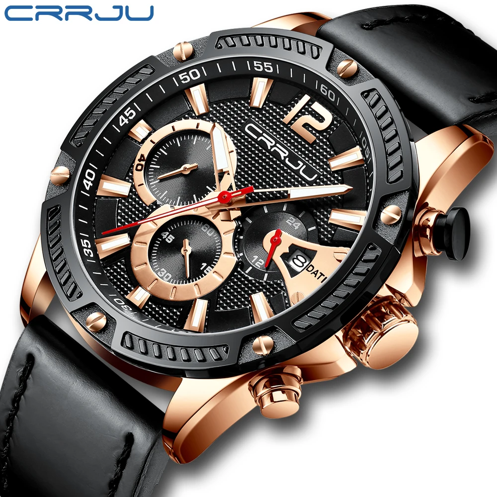 

CRRJU New Fashion Men Watches Analog Quartz Wristwatches 30M Waterproof Chronograph Sport Date Leather Band Watches montre homme