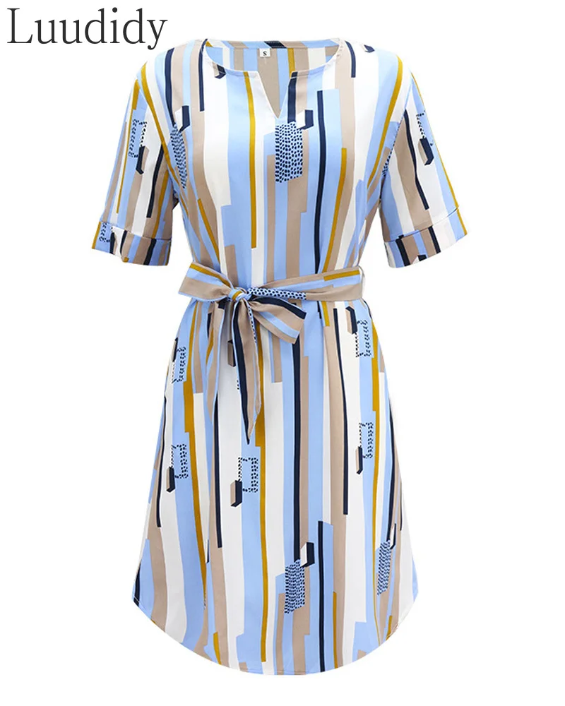 

Fashion Striped Print Slim Dress Women's Casual O Neck Short Sleeve Mini Dresses Female Vestidos