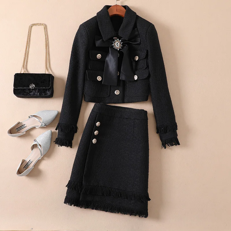 Женский шерстяной костюм из двух предметов однобортный короткий твидовый пиджак
