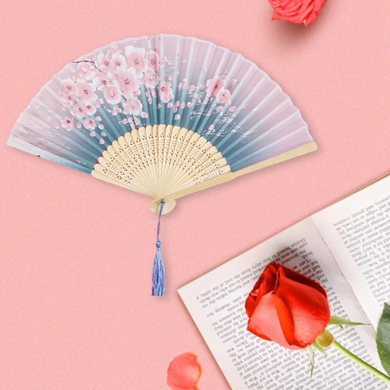 

Chinese Style Bamboo Folding Hand Held Blossom Fan Summer Japanese Silk Fan Chinese Dance Party Wedding Colorful Decoration