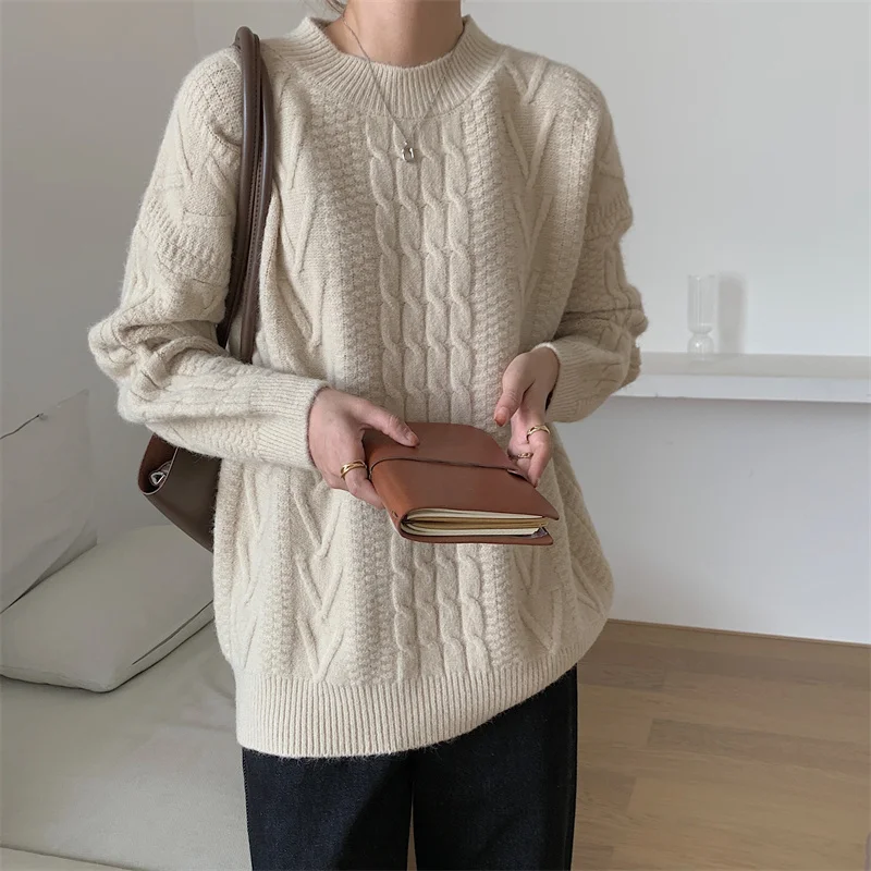 

Женский вязаный пуловер оверсайз, однотонный мягкий свободный свитер с круглым вырезом, вязаный джемпер, Осень-зима 2021