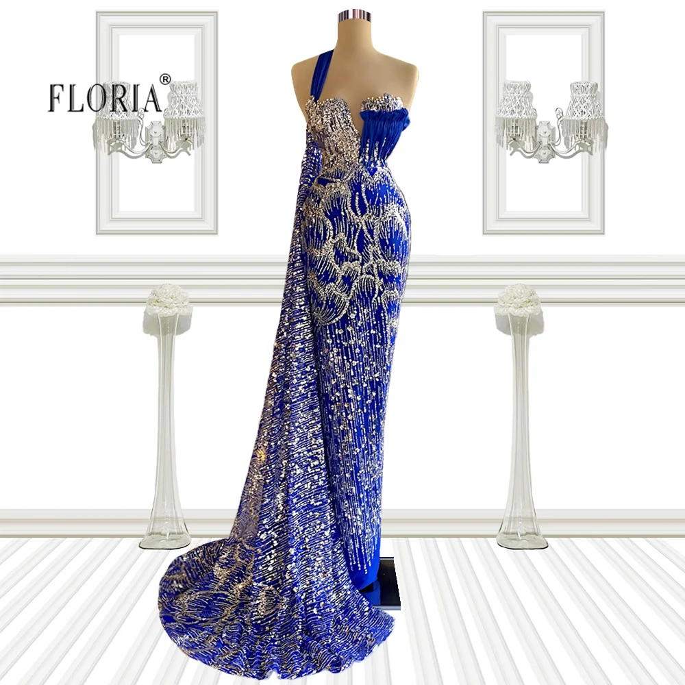 

Two Colors Sparkly Silver Beaded Mermaid Evening Dresses Royal Blue One Shoulder Sweetheart Prom Gowns Arabic Vestido De Novia