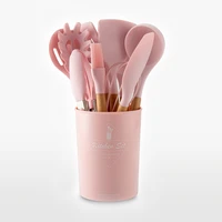 silicone kitchenware 12pcs set utensils sets with wooden handle pink pasta forks scoopspatulastongscooking shovel