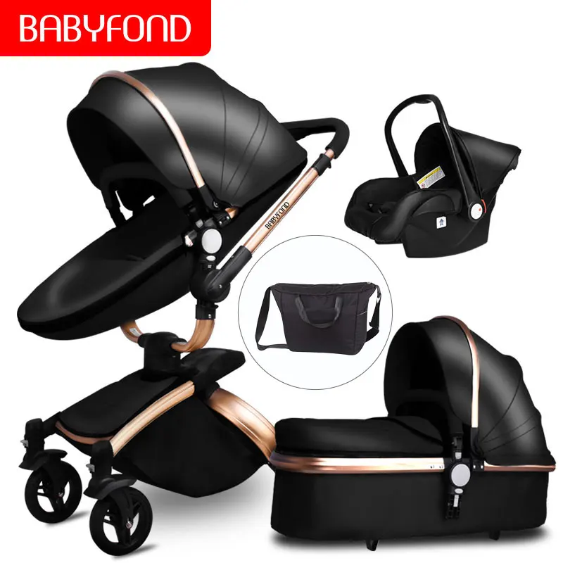 

Luxurious 4 in 1 baby stroller with umbrella high quality PU leather baby pram landscape with gold frame CE standard