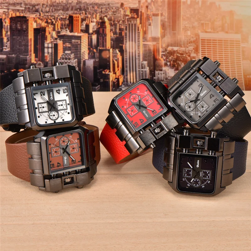 

OULM Square Sports Watches Men Top Luxury Brand Big Quartz Wristwatch Wide PU Leather Strap Male Watch Relogio Masculino