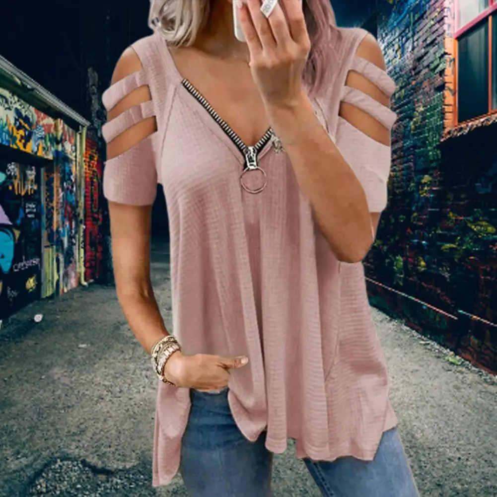 

Сексуальные женские повседневные свободные однотонные Цвет футболка 2021, женская обувь на молнии с треугольным вырезом и круглым вырезом с ...