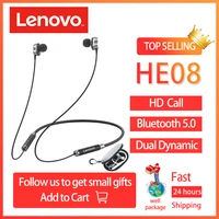 original lenovo he08 double action neckband wireless bluetooth earphone new upgrade 4 speakers hifi stereo hd call waterproof