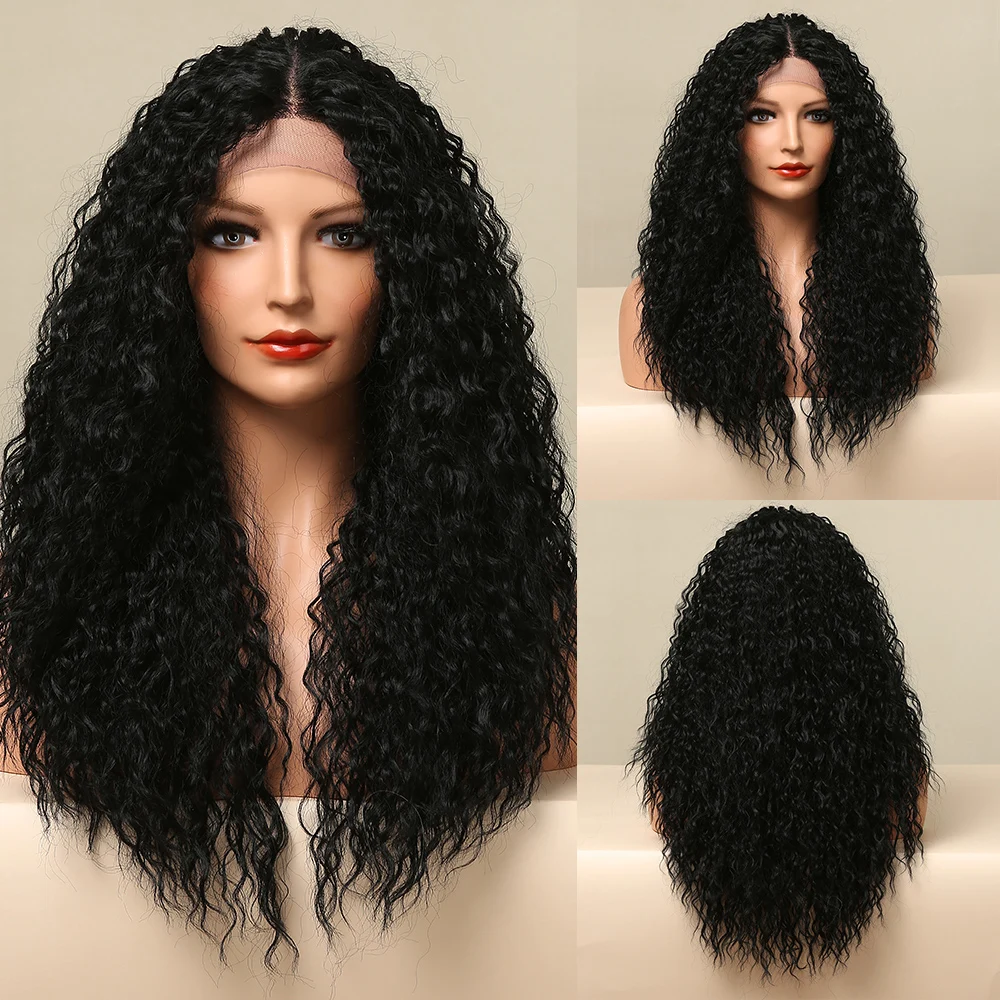 

ALAN EATON Medium Long Kinky Curly Lace Front Synthetic Wigs Natural Middle Part Black Lace Wig for Black Women Heat Resistant