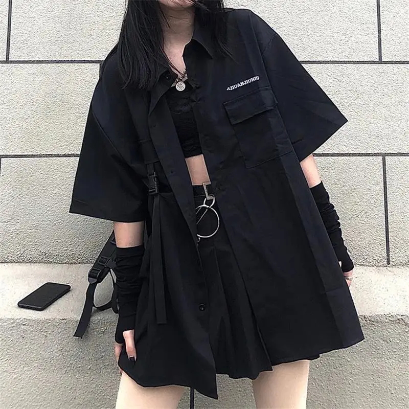 

NEW Gothic Streetwear Women Tshirts Punk Hip Hop Dark Femme t Shirt Vintage Harajuku Pocket Korean Style Oversized Tops