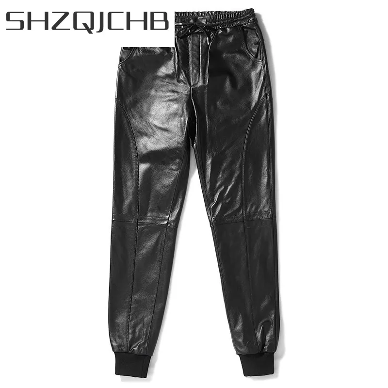 

Мужские кожаные брюки SHZQ, из натуральной воловьей кожи, брюки в Корейском стиле для осени и зимы, 2021