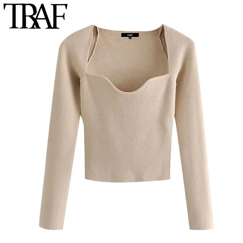 

TRAF Women Fashion With Sweetheart Neck Cropped Knitted Sweater Vintage Long Sleeve Fitted Female Pullovers Chic Tops