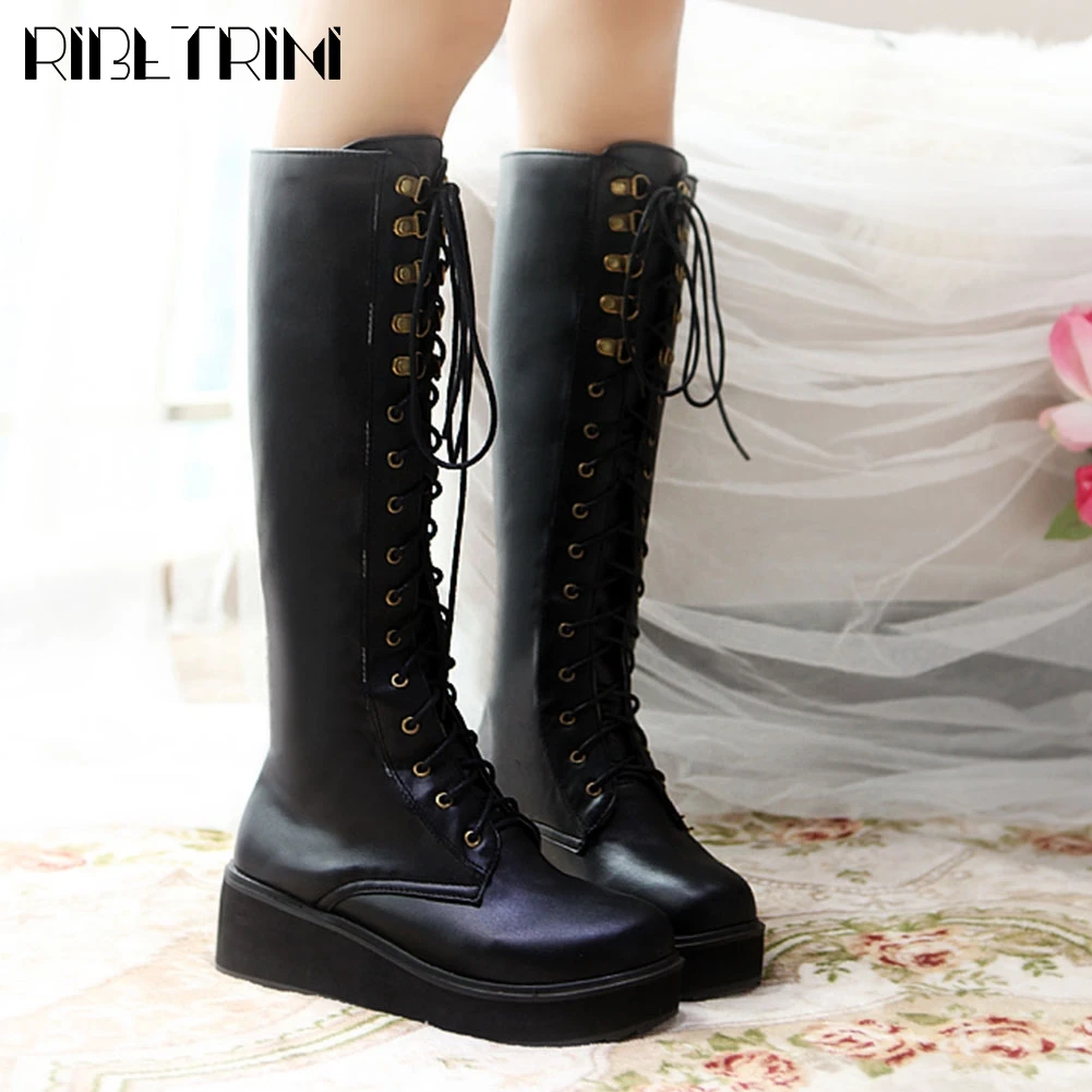 

RIBETRINI Hot Sale Female Boots Solid shoes lace Platform Solid Knee High Boots Women Stylish Winter Warm Plush Shoes Woman