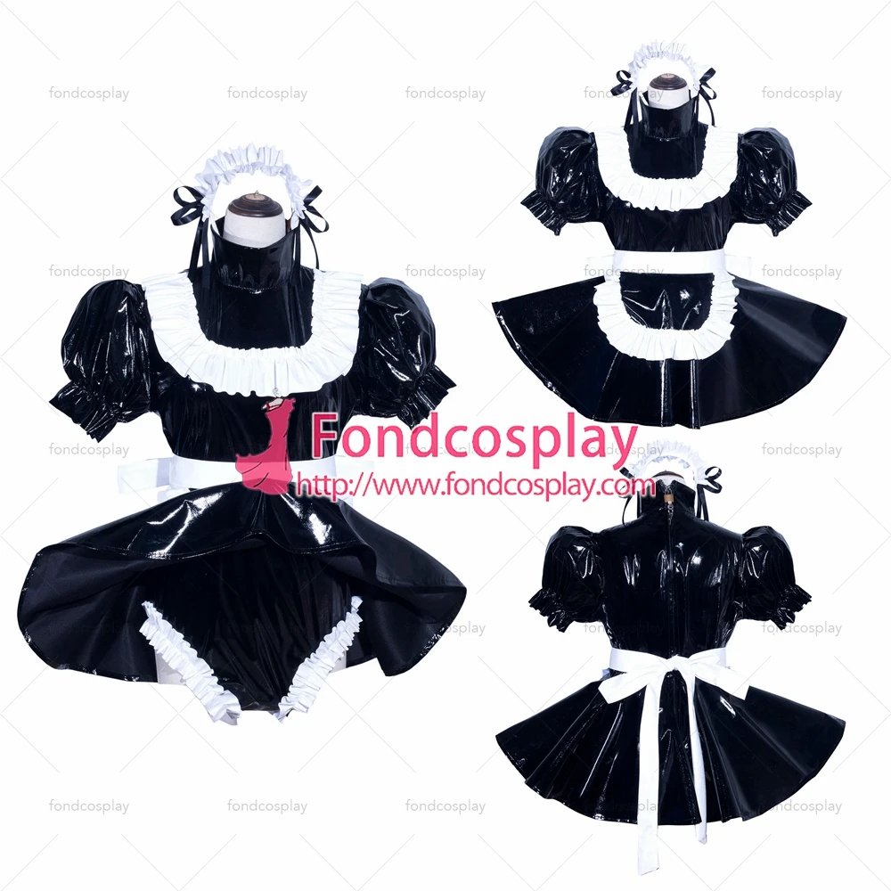 

fondcosplay adult sexy cross dressing sissy maid French Lockable Black thin PVC Romper Dress Jumpsuit panties Tailor-made[G3970]