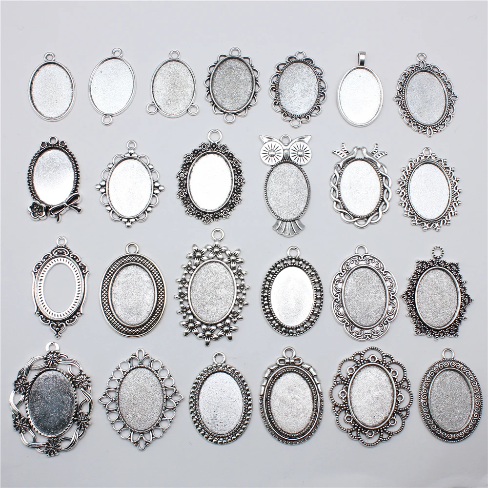 

10pcs 18x25mm Inner Size Antique Silver Plated 31 Styles Cameo Cabochon Base Setting Charms Pendant Necklace Findings