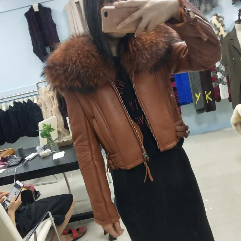 genuine leather jacket women coat winter sheepskin coats wool parka real oversized raccoon dog fur collar | Женская одежда