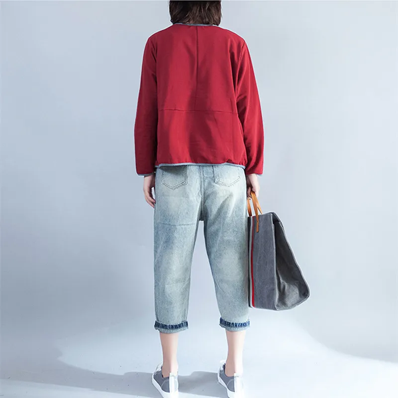 Johnature Autumn Winter New Solid Color O-neck Pullover Loose Women Hoodies Tops 2019 4 Colors Patchwork Casual Sweatshirts | Женская