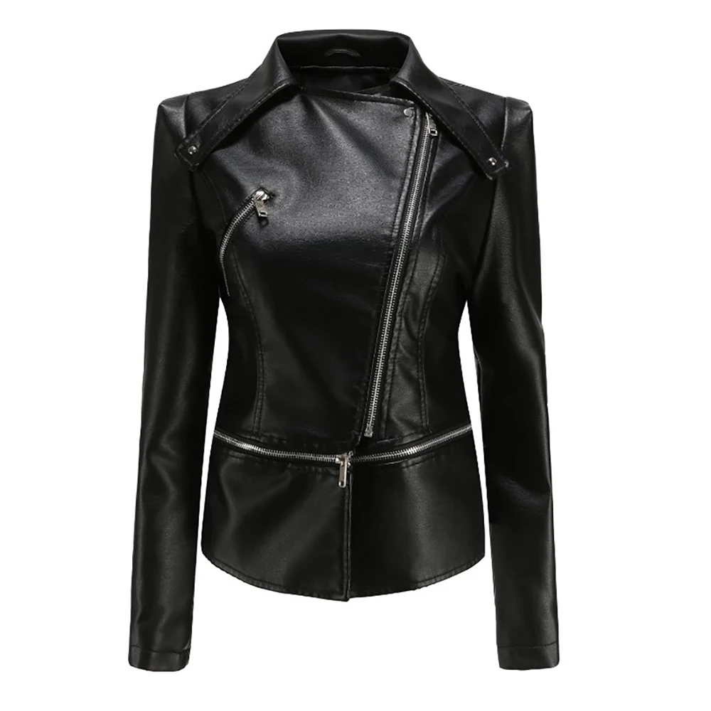 

Leather Turn-down Collar Jacket Women Winter Long Sleeve Zipper Solid Color Irregular Ruffle Female Coat Moto & Biker Streetwear