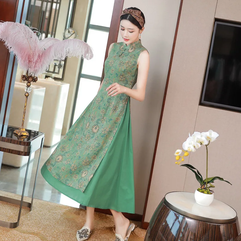 Китайское роскошное зеленое женское платье без рукавов qipao aodai чонсам |