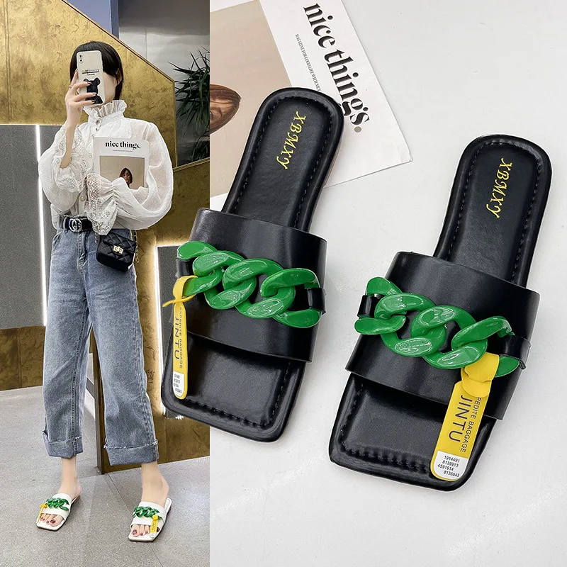 2021 New Summer Slippers For Women Ladies Square Toe Flat Slides Metal Decoration Female Sandals Beach Shoes Candy Color PW144