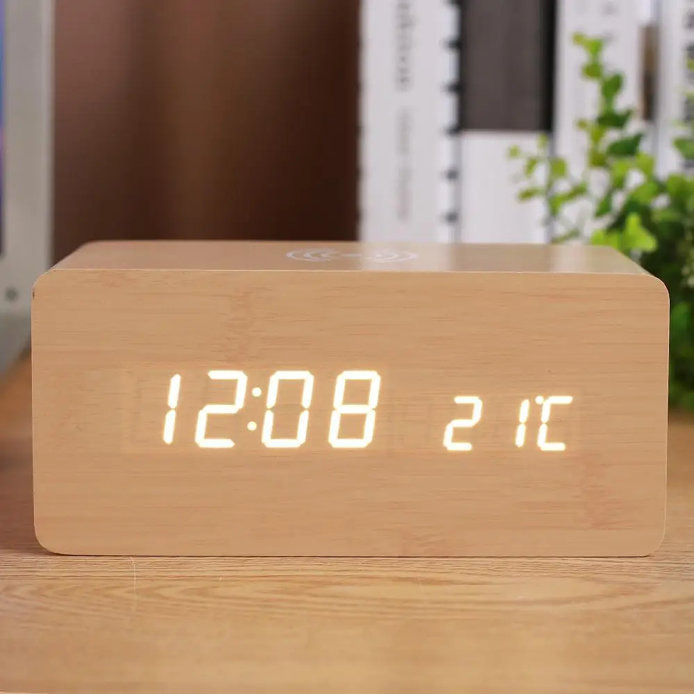 

USB Charging Wooden Digital Thermometer Clock Digital Alarm Clock Portable Modern LED Phone Charger with Time Memory