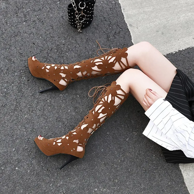 

Women Sandals Knee High Summer Boots New Fashion Sexy Stiletto Heel Hollow Out Gladiator Sandals Female Roman Platform Shoes