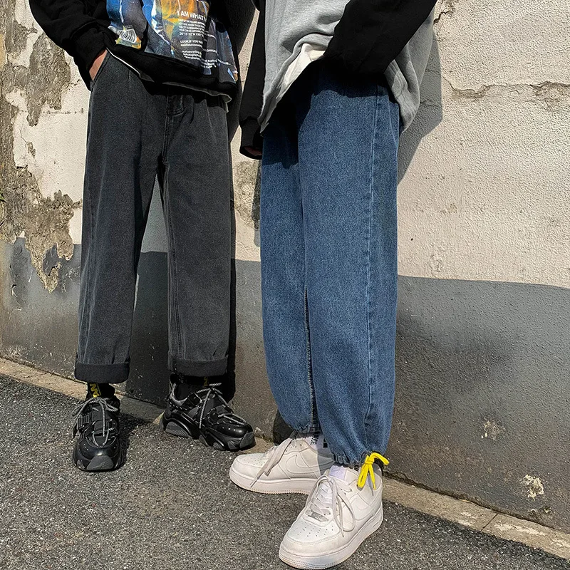 

Korean Streetwear Men's Jeans Joggers Pants Black Blue Vintage Men Casual Denim Pant Hip Hop Man Casual Trousers