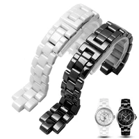 convex watchband ceramic black white watch for j12 bracelet bands 16mm 19mm strap special solid links folding buckle