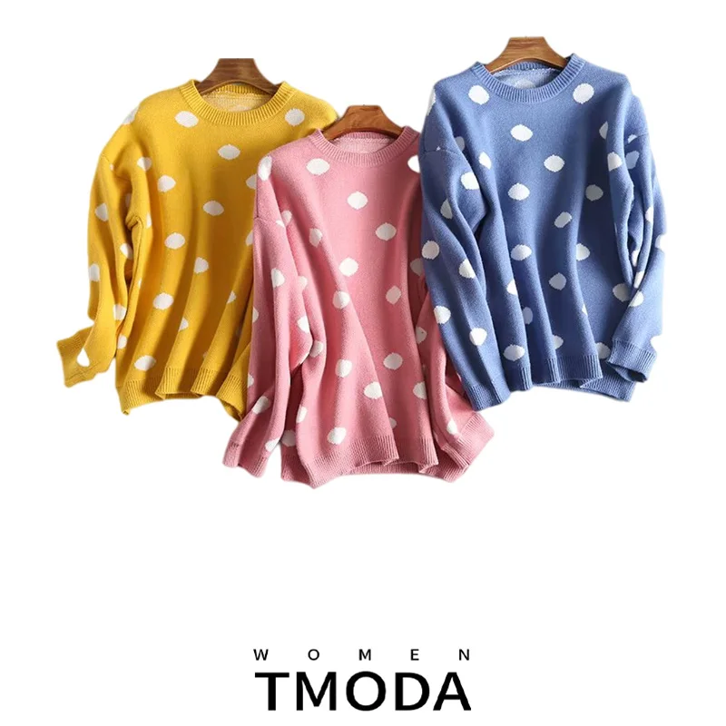 Женский джемпер с круглым вырезом Повседневный пуловер в горошек длинным