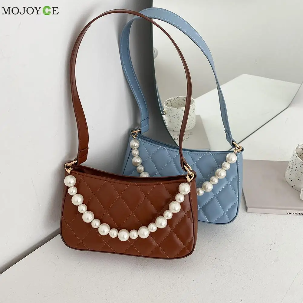 

Women PU Lattice Pattern Small Handbags Female Solid Color Pearl Chain Underarm Bags Leisure Underarm Pouch Streetwear