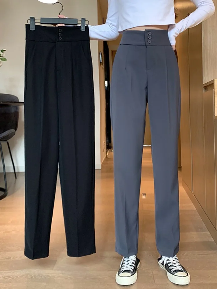 Black suit pants women's spring and autumn high waist hanging wide leg 2021 new small straight casual trend | Женская одежда